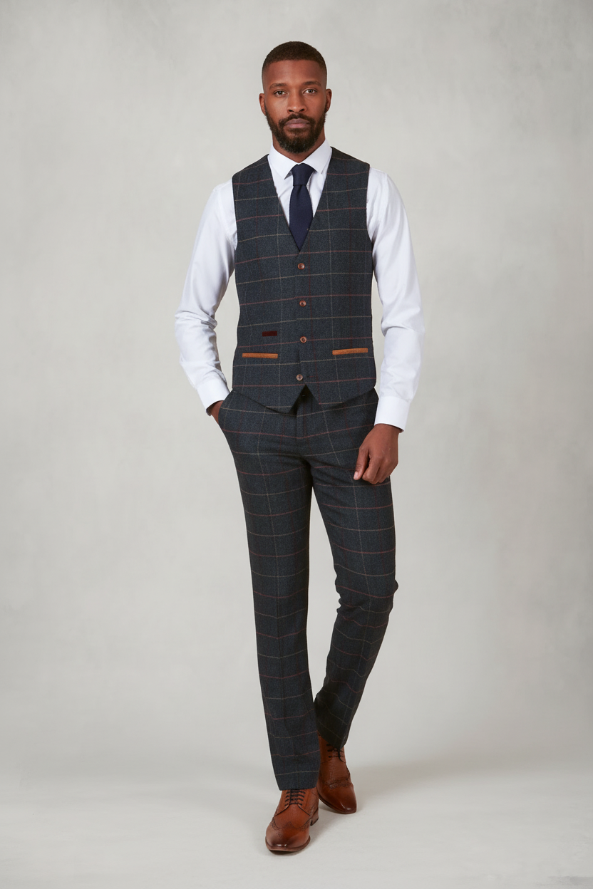 Eton - Navy Blue Tweed Check Three Piece Suit