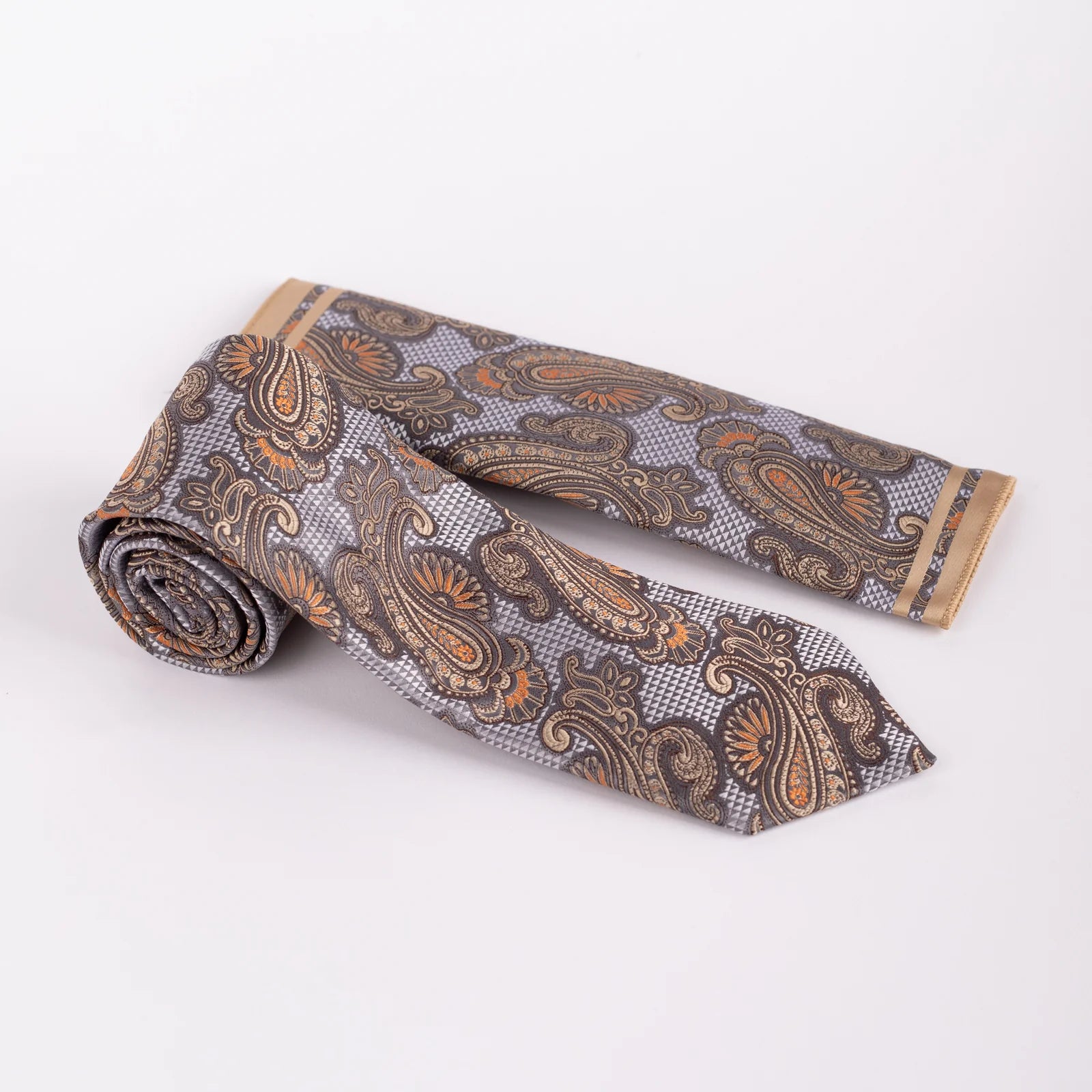 Paisley - Tie & Pocket Square Set in Gold & Grey