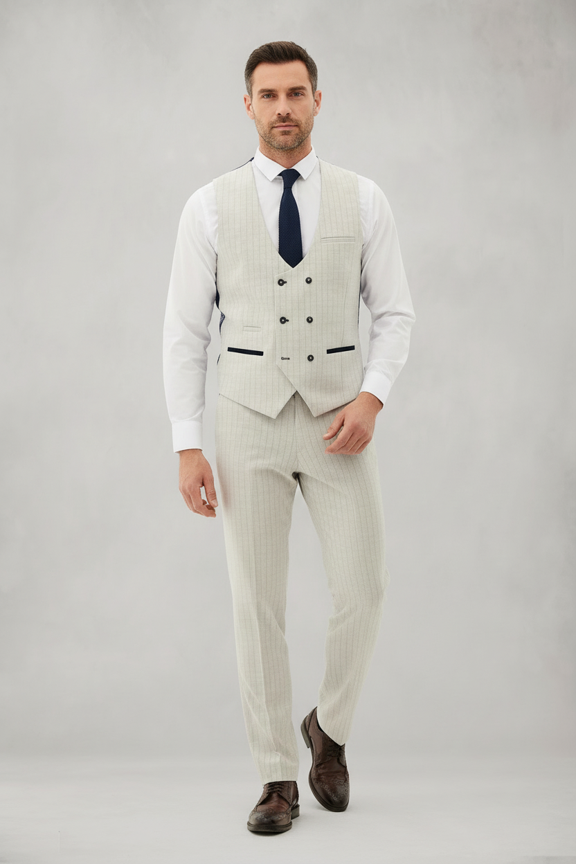 Grant - Stone Double Breasted Pinstripe Waistcoat