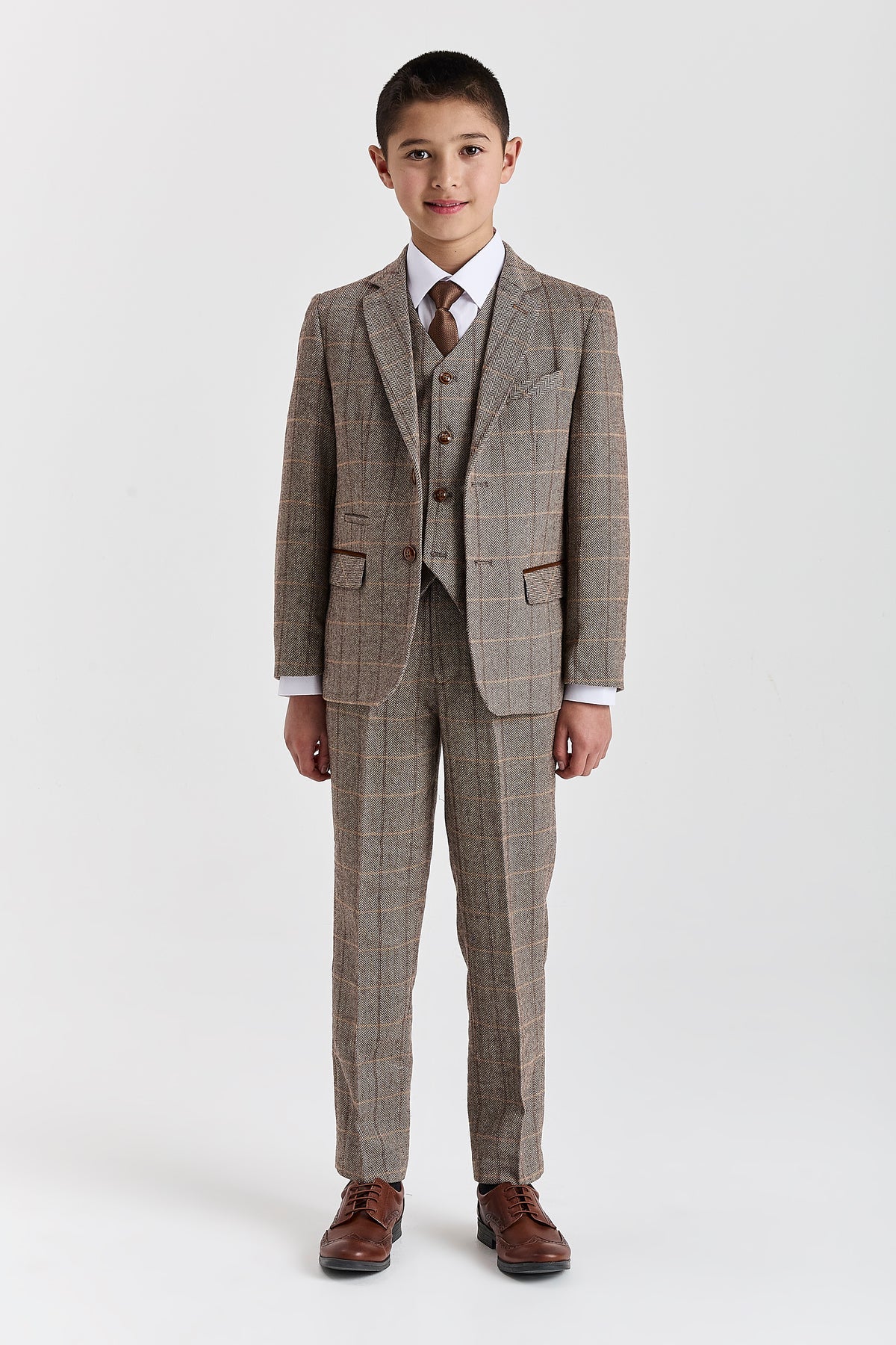 DEVICE - BOY'S HARRIS BROWN THREE PIECE SUIT
