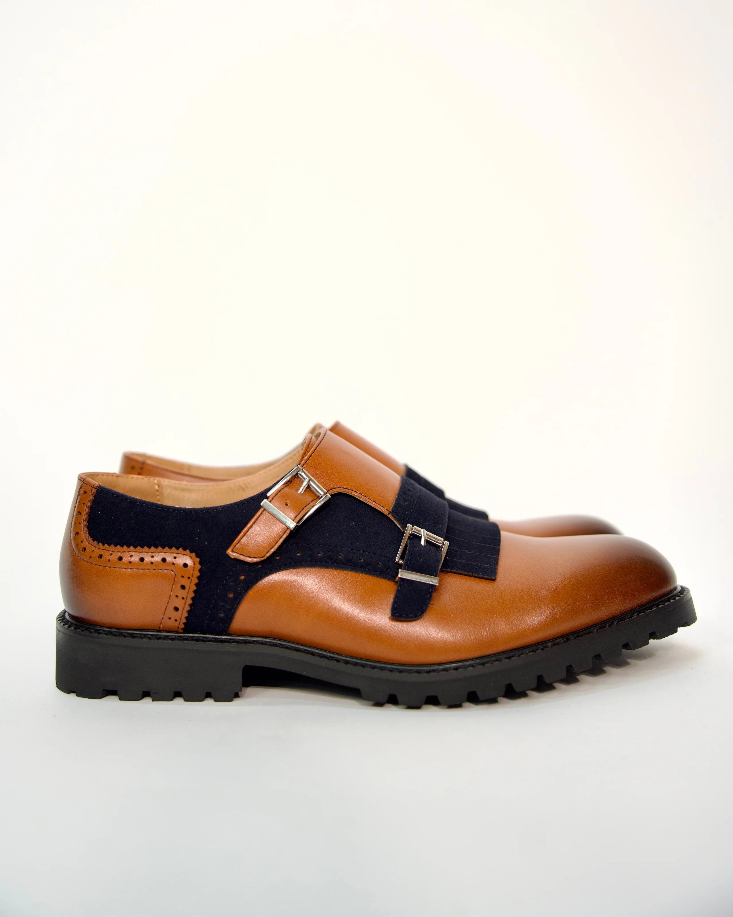 Leather Loafers with Suede Fringe and Double Monk Strap