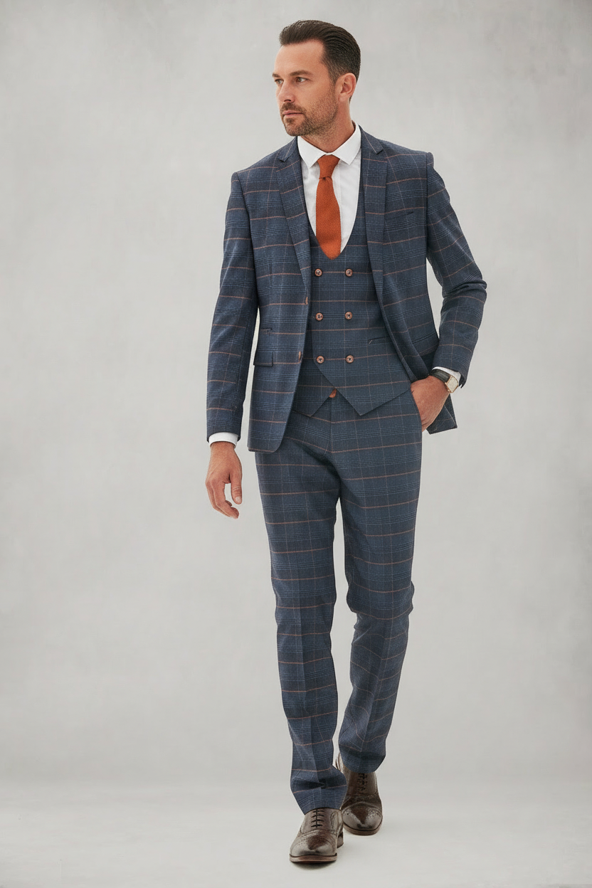 Jenson - Marine Navy Check Suit With Double Breasted Waistcoat