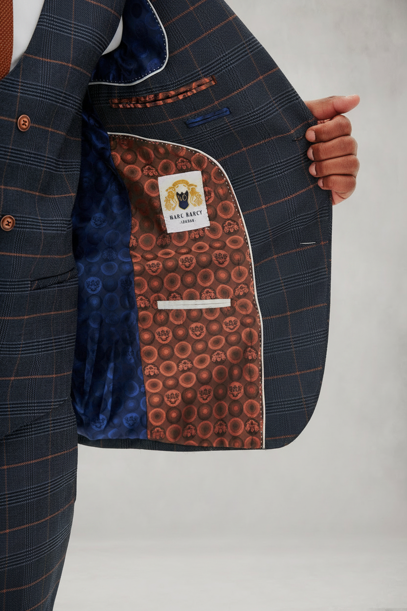 Jenson - Marine Navy Check Suit With Double Breasted Waistcoat