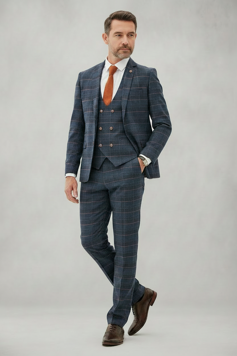 Jenson - Marine Navy Check Suit With Double Breasted Waistcoat