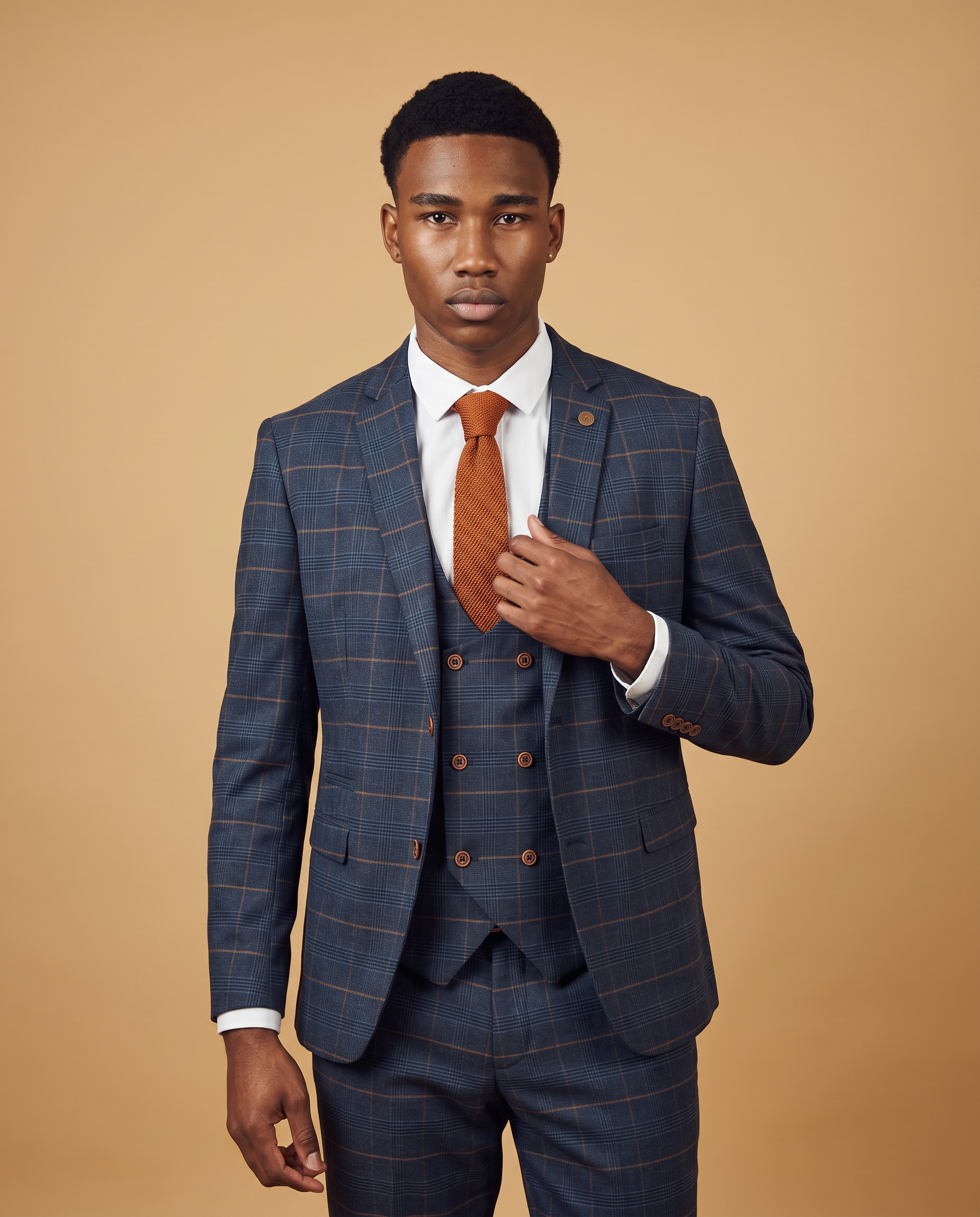 Jenson - Marine Navy Check Prom Suit With Double Breasted Waistcoat