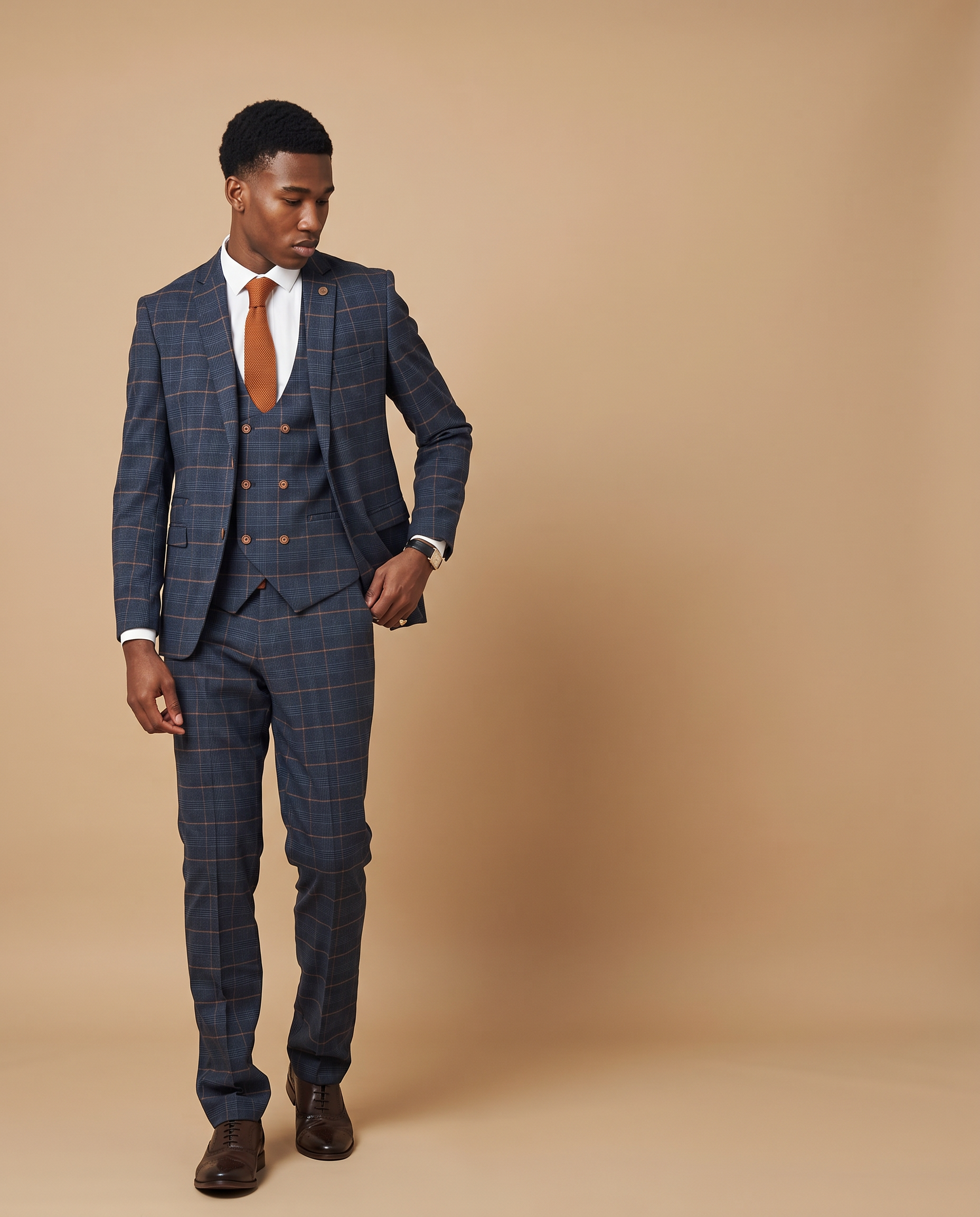 Jenson - Marine Navy Check Prom Suit With Double Breasted Waistcoat