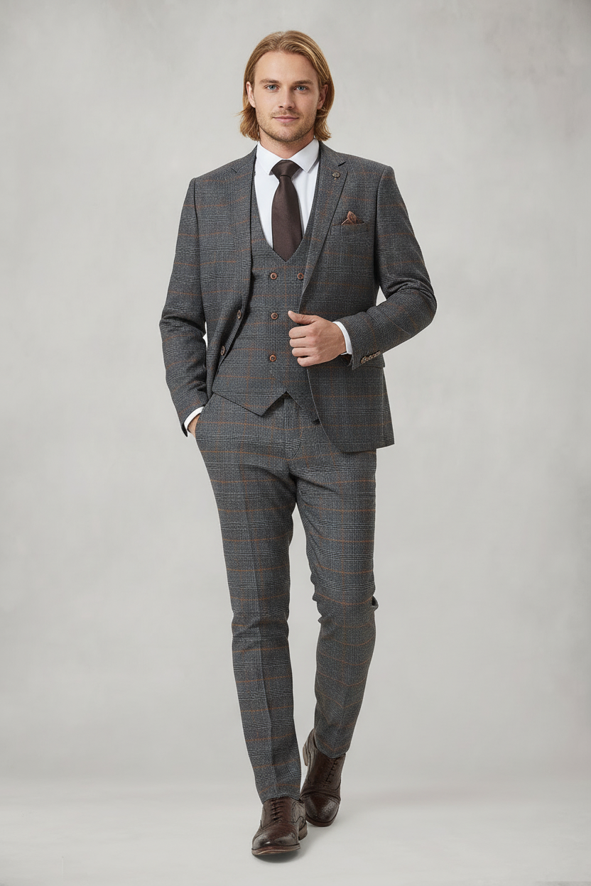 Jenson - Grey Check Suit With Double Breasted Waistcoat