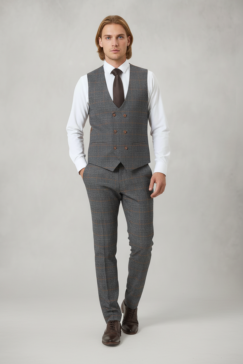 Jenson - Grey Check Suit With Double Breasted Waistcoat