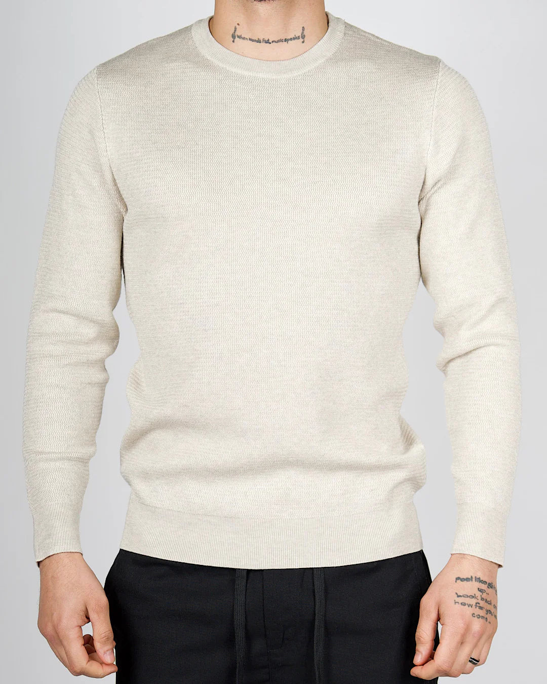 Beige Textured Knit Crew Neck Sweatshirt