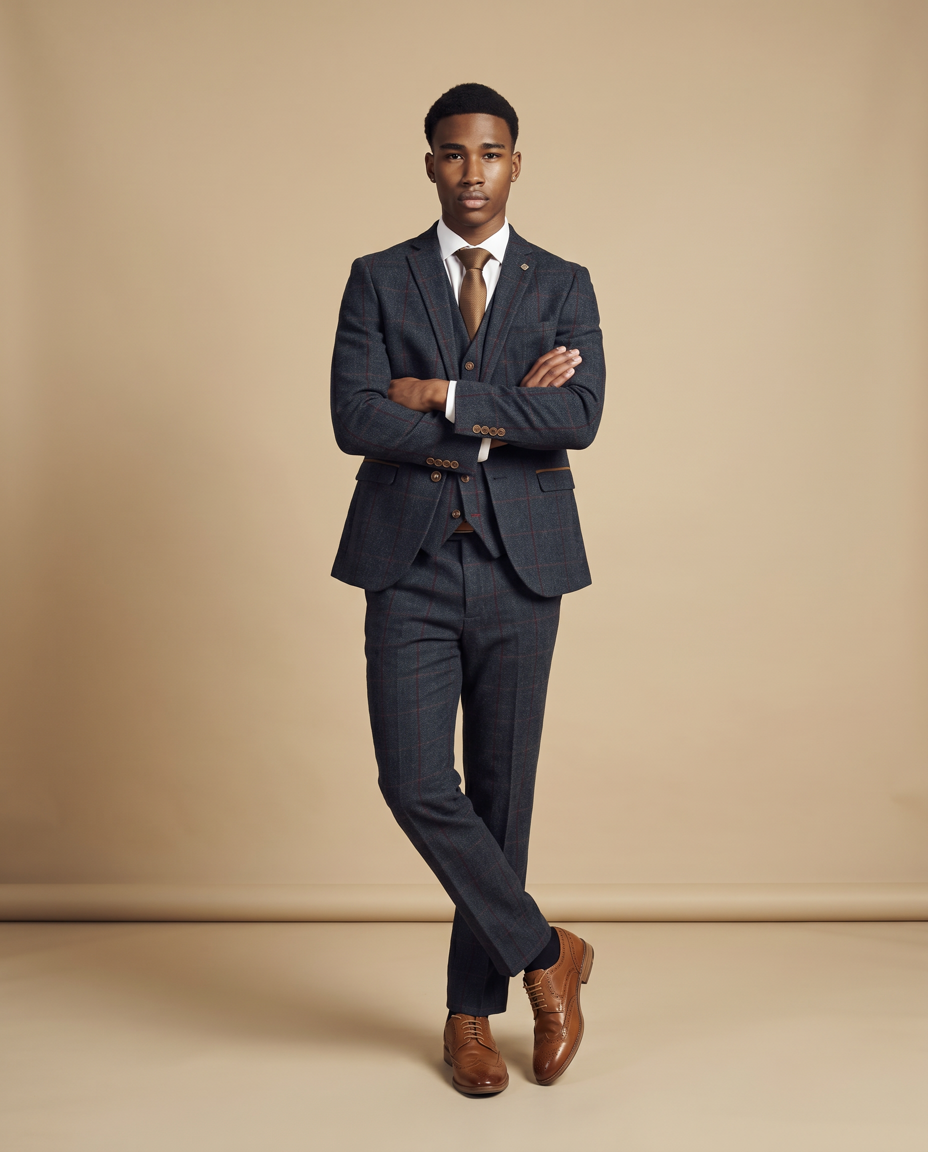 Madrid Navy Tweed Check Three Piece Prom Suit