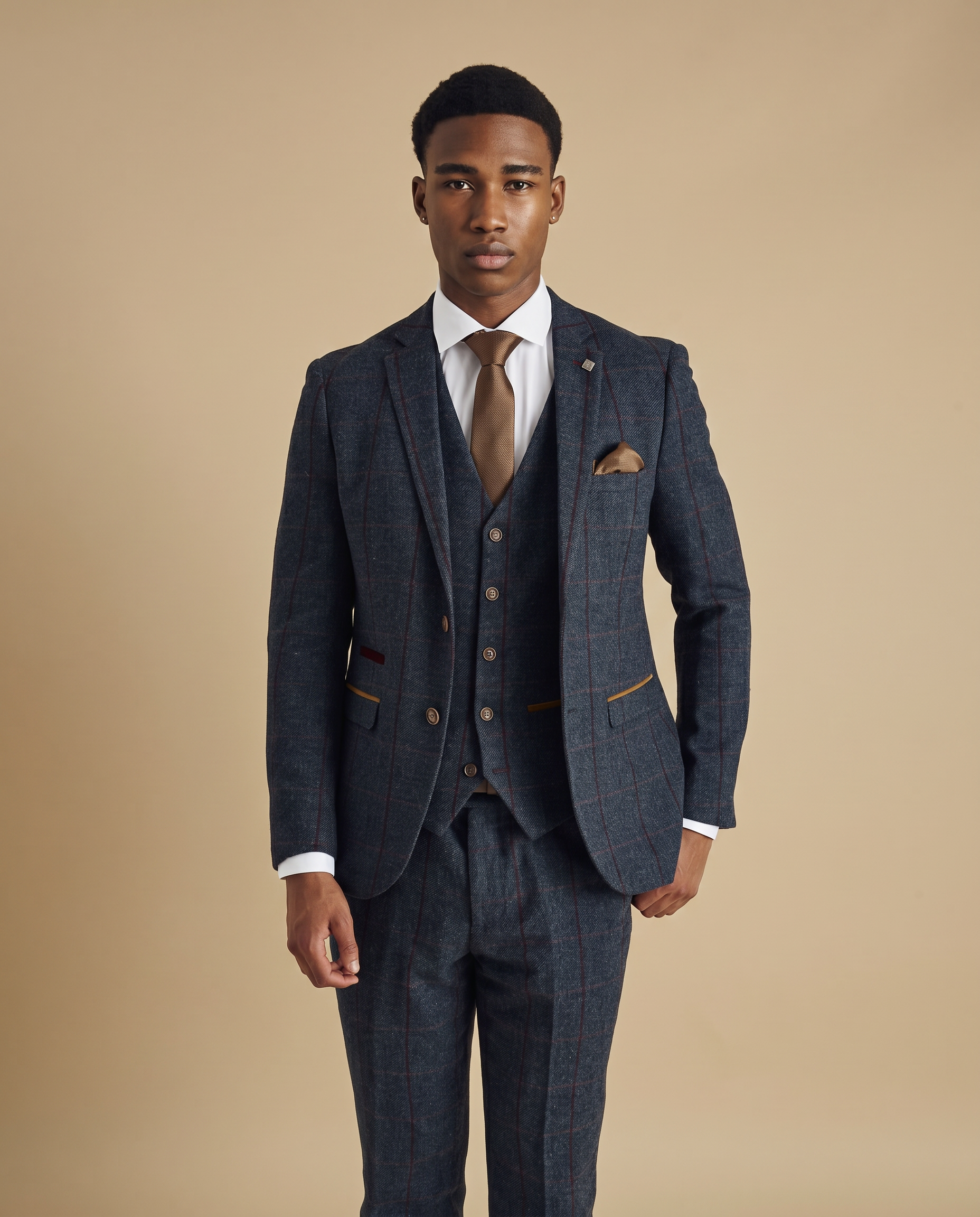 Madrid Navy Tweed Check Three Piece Prom Suit