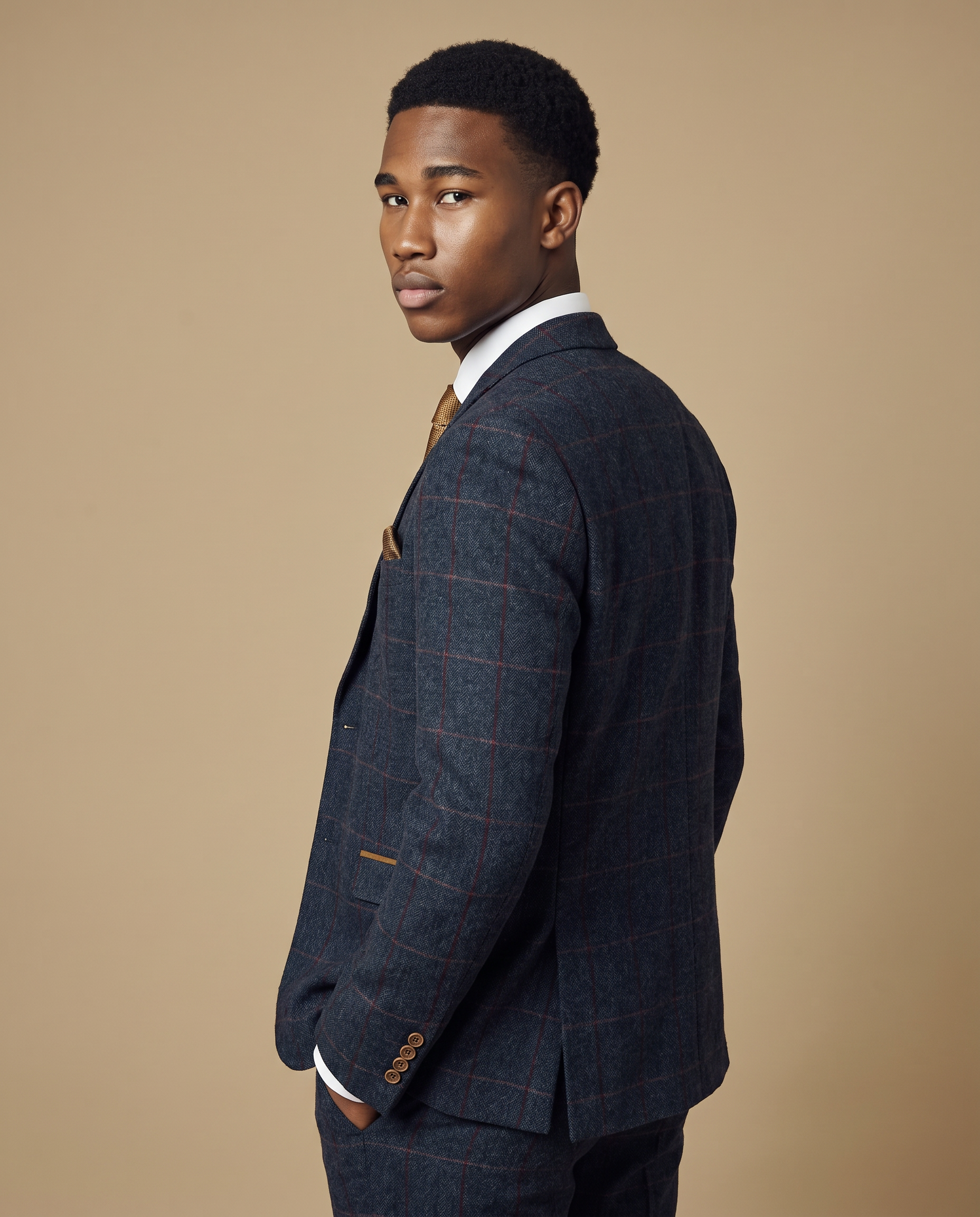 Madrid Navy Tweed Check Three Piece Prom Suit