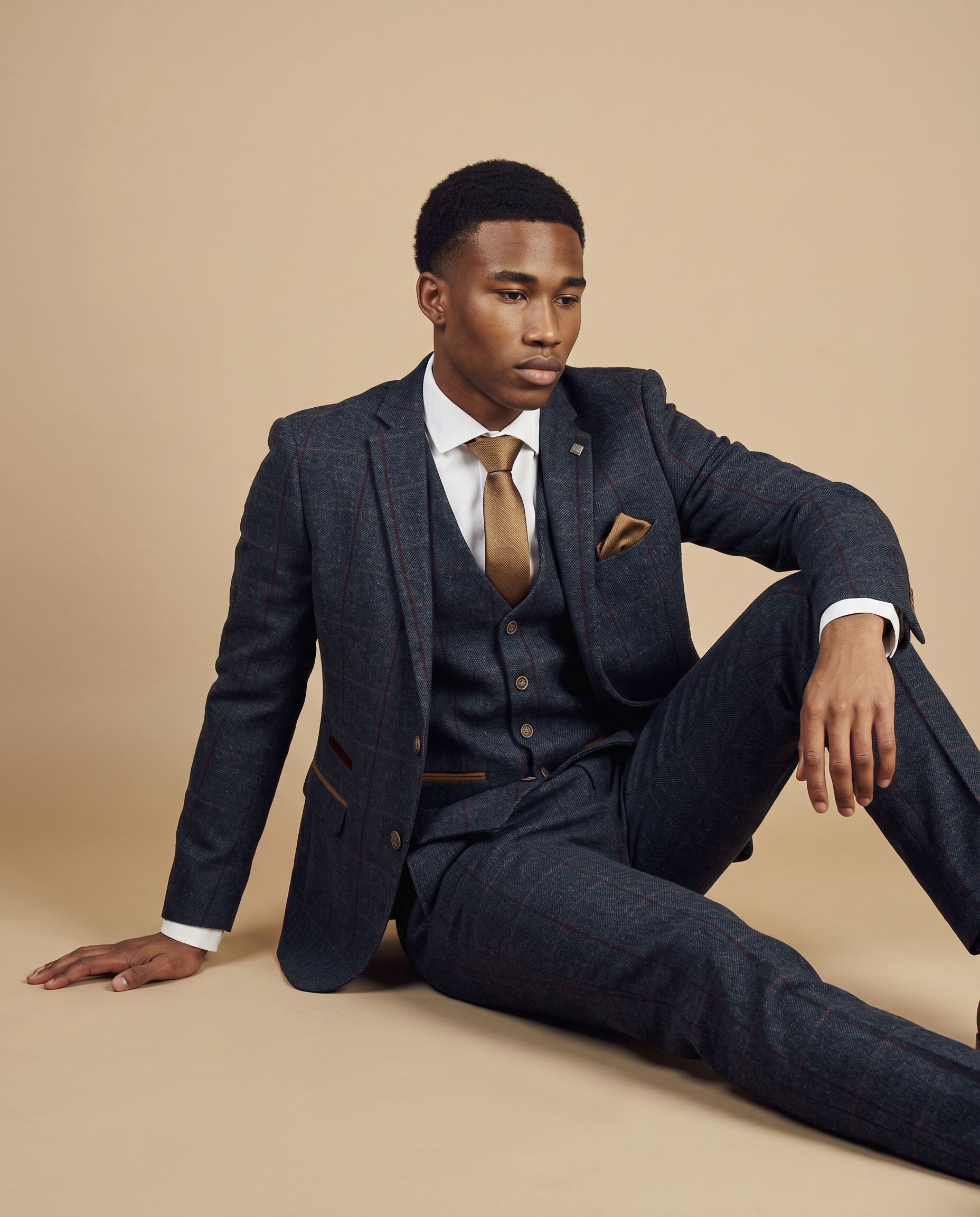Madrid Navy Tweed Check Three Piece Prom Suit