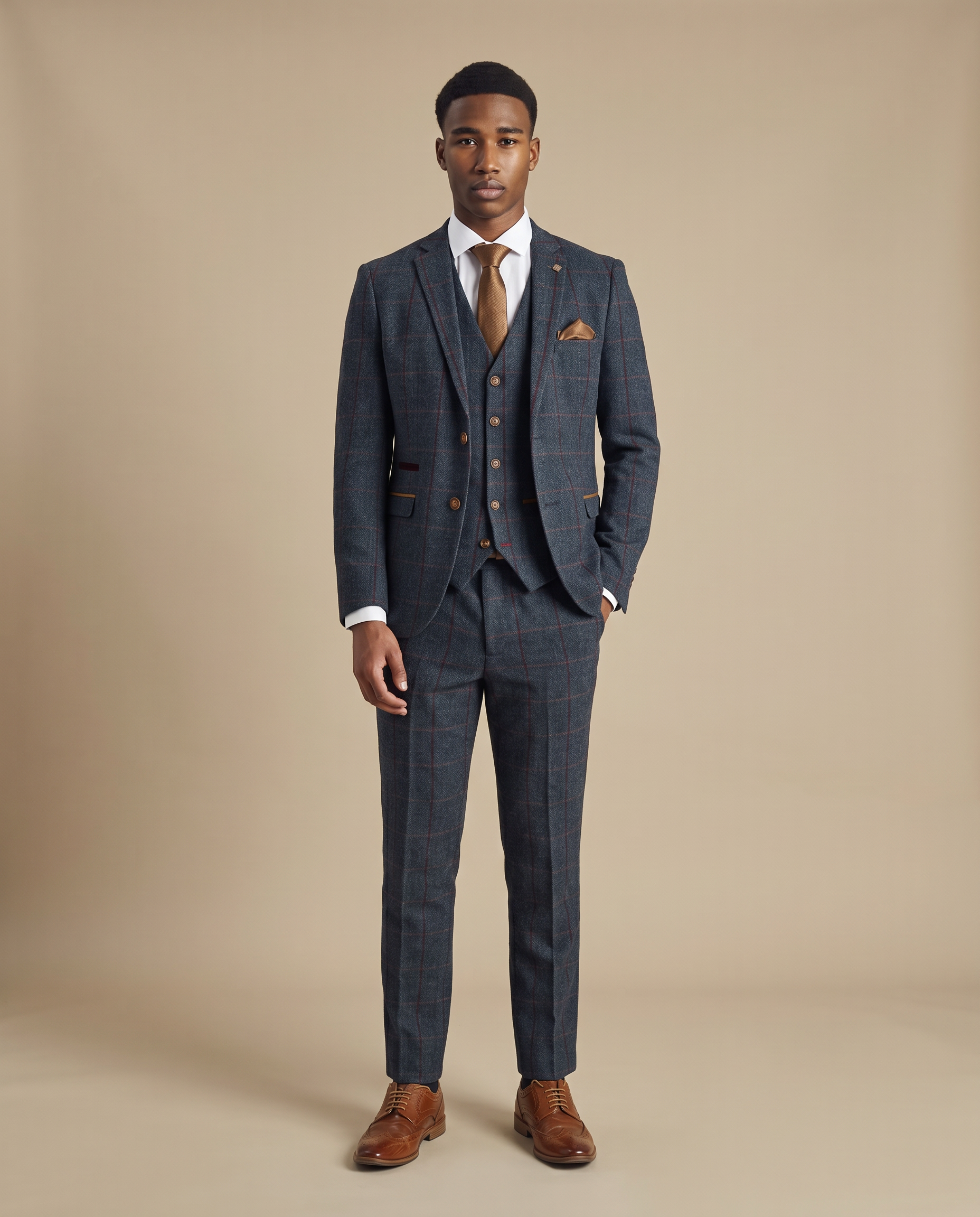 Madrid Navy Tweed Check Three Piece Prom Suit