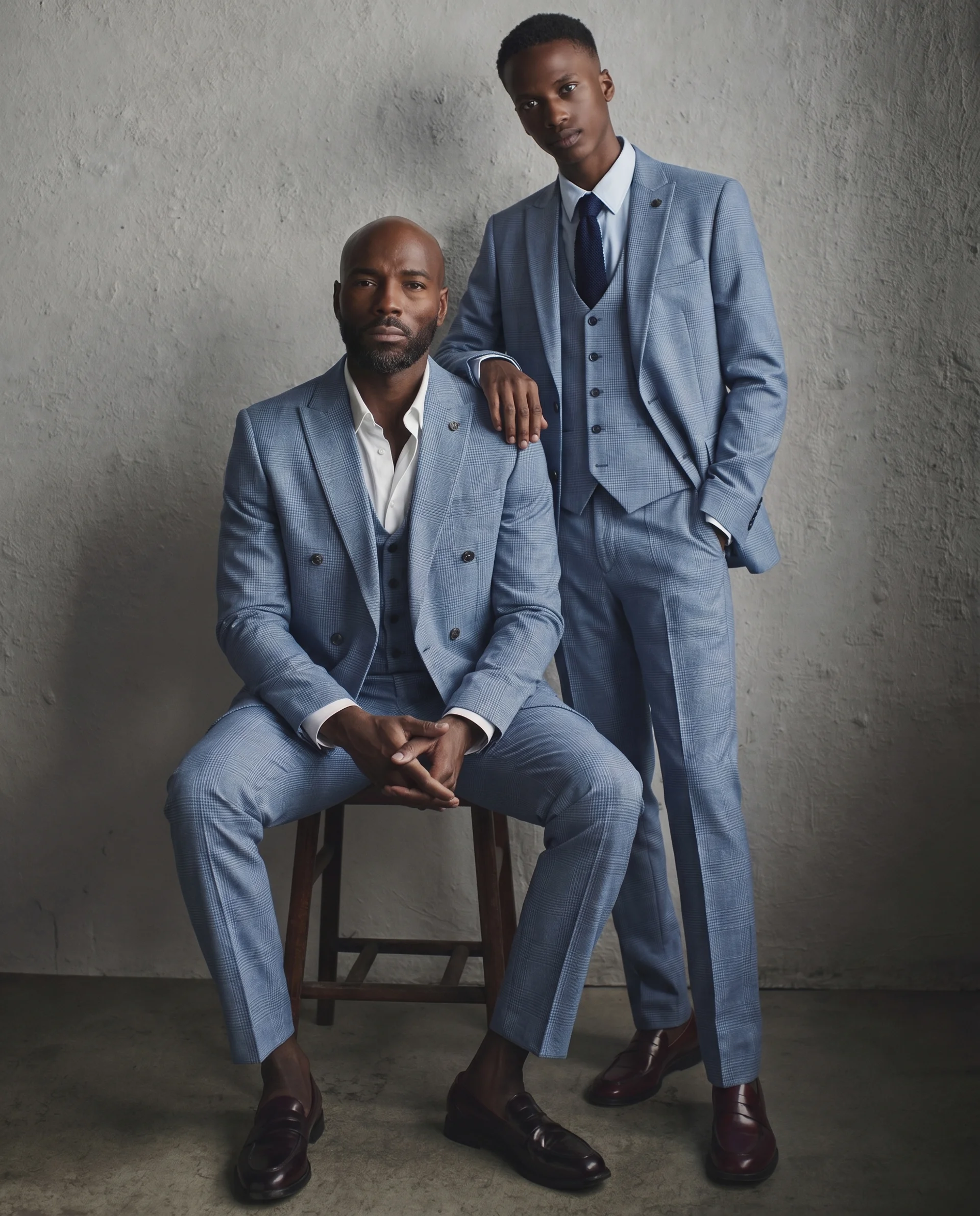 Father & Son - Bromley Sky Blue Check Print Three Piece Suit
