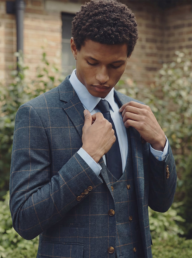 Jenson - Marine Navy Check Suit With Double Breasted Waistcoat
