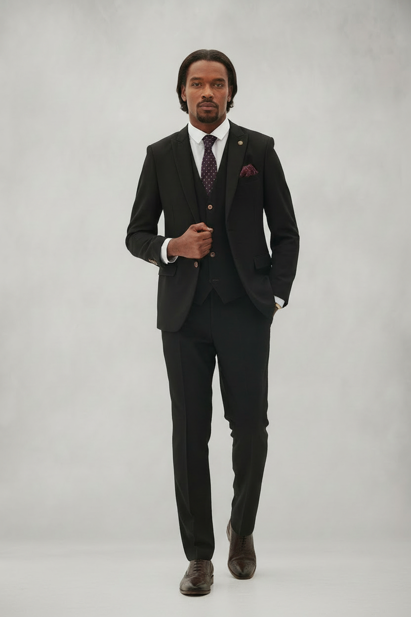 Max - Black Three Piece Suit With Contrast Buttons