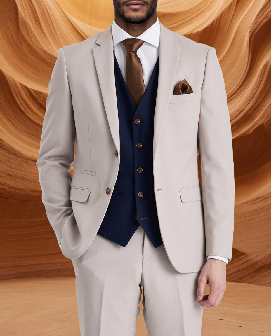 Mayfair Stone Textured Suit With Navy Waistcoat