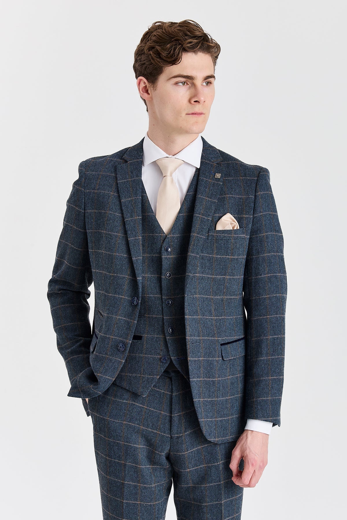 Harris - Navy Herringbone Tweed Check Three Piece Suit