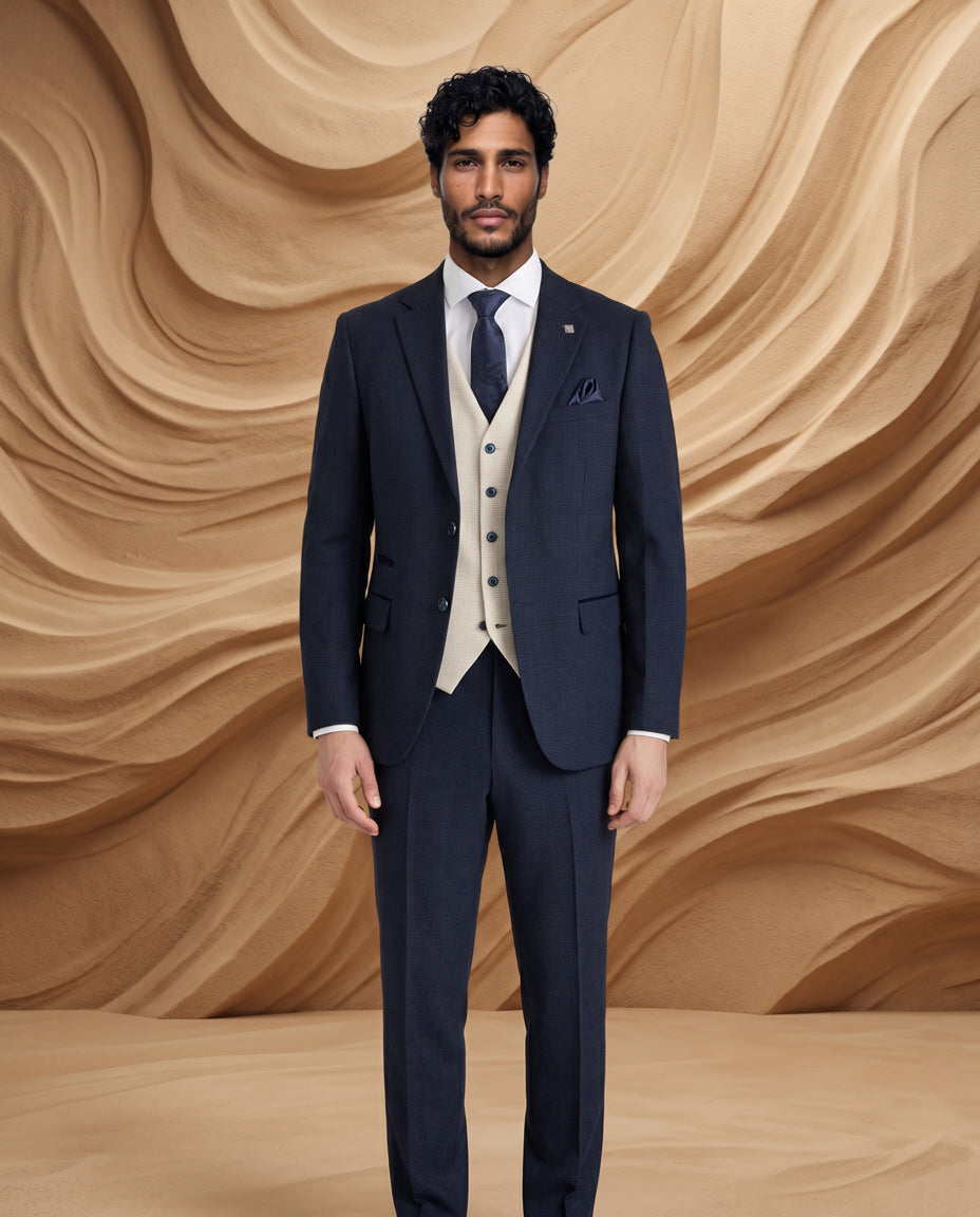 Regent Navy Check Suit with Regent Cream Waistcoat