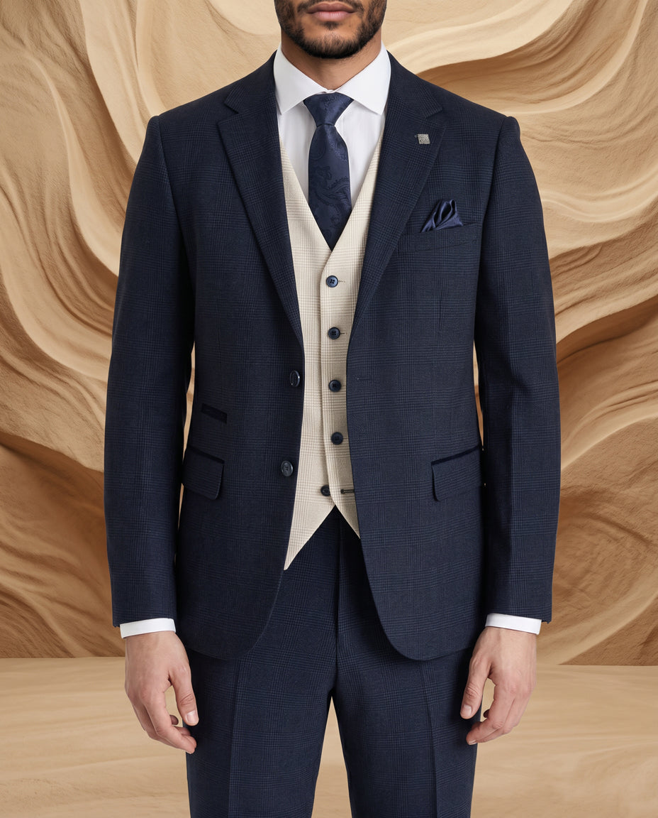 Regent Navy Check Suit with Regent Cream Waistcoat