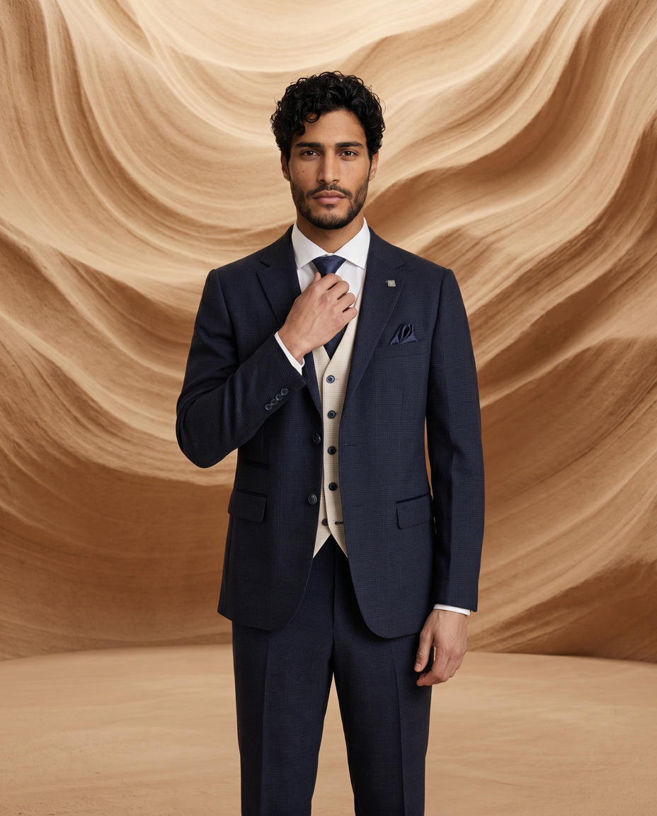 Regent Navy Check Suit with Regent Cream Waistcoat