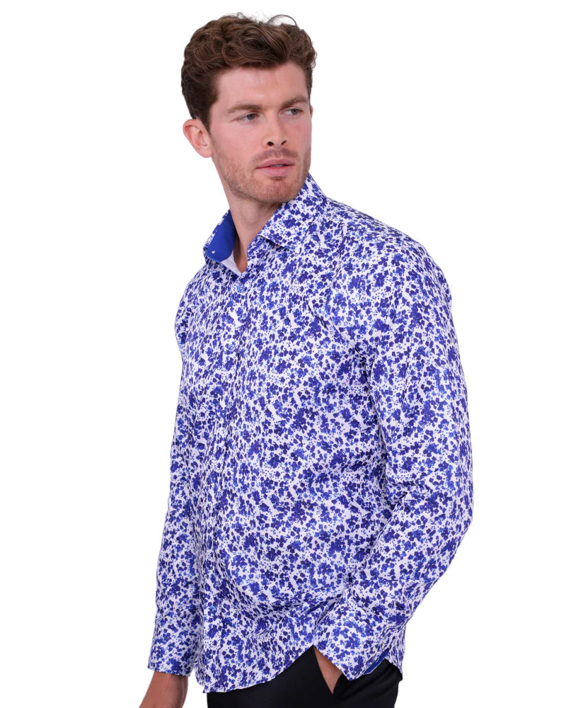 Dark Blue Floral Design Print Men's Shirt