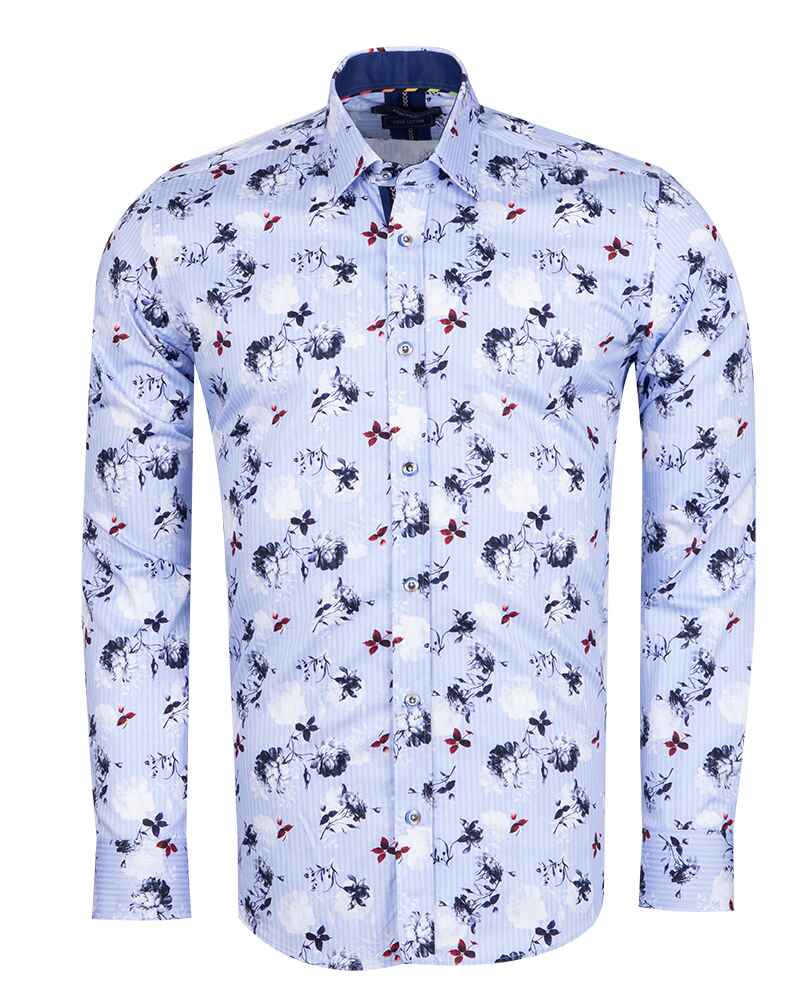 Blue Stripe Floral Print Men's Shirt with Matching Handkerchief