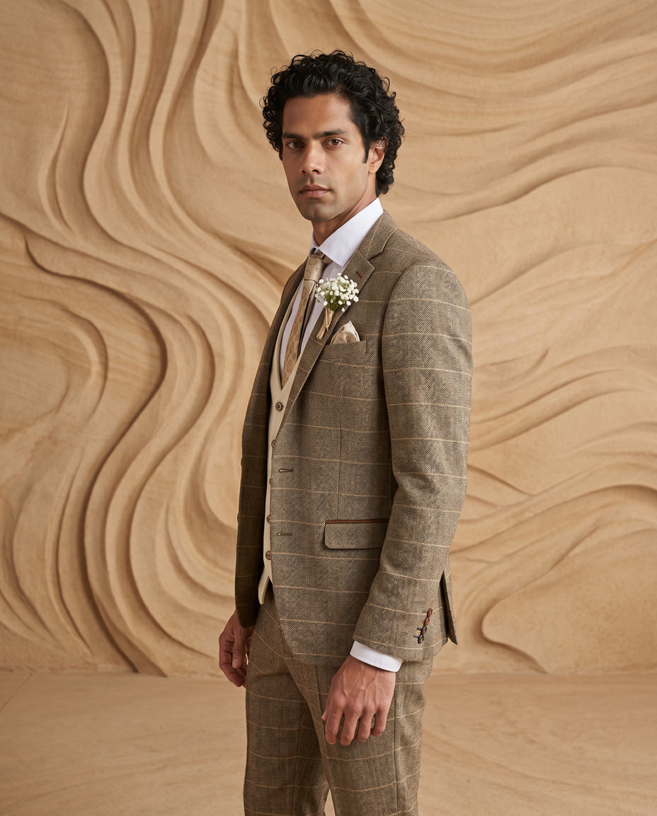 TED - Tan Tweed Check Suit with Kelvin Cream Waistcoat