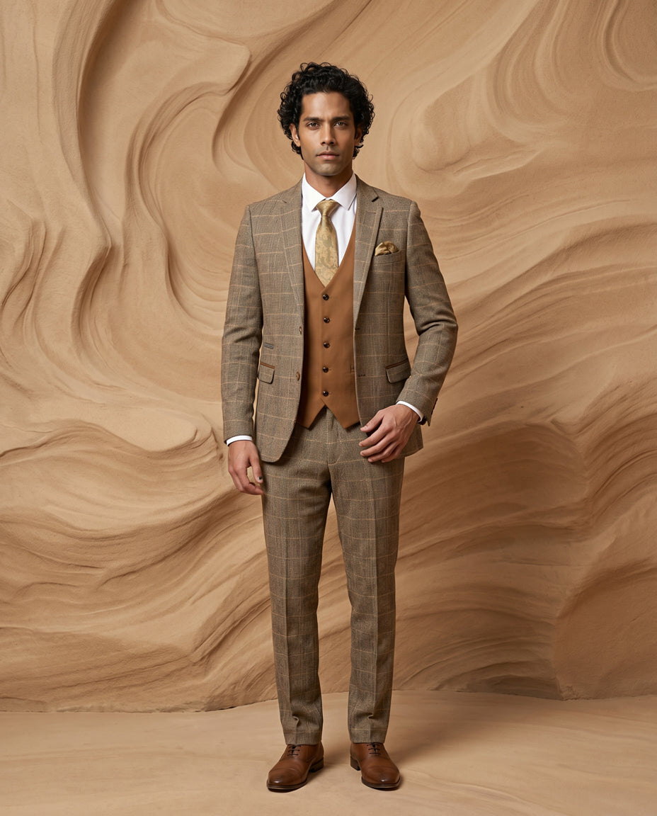 TED - Tan Tweed Check Suit with Kelvin Tan Waistcoat