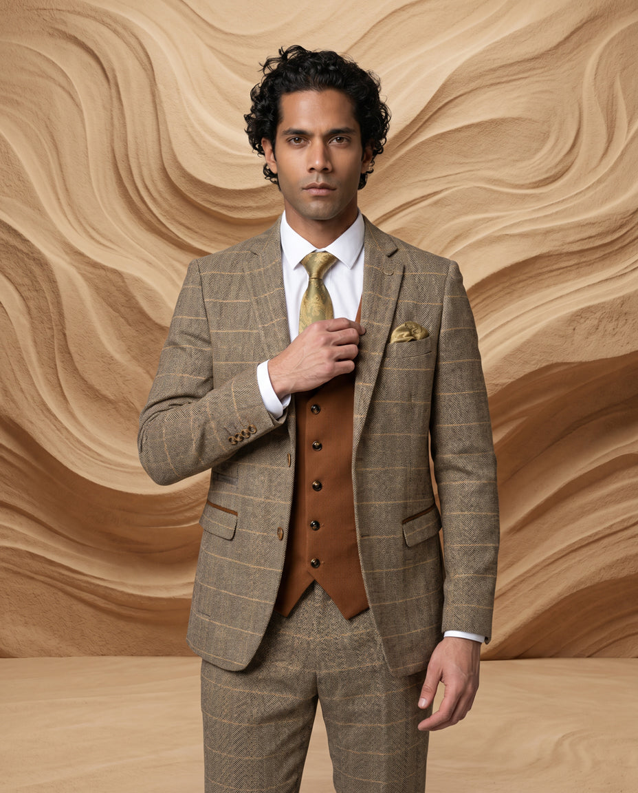 TED - Tan Tweed Check Suit with Kelvin Tan Waistcoat