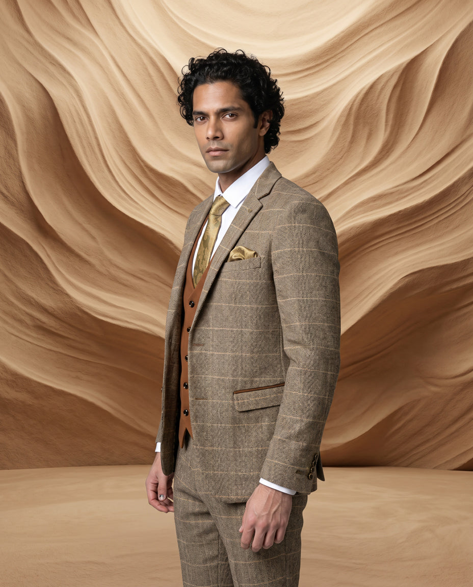 TED - Tan Tweed Check Suit with Kelvin Tan Waistcoat