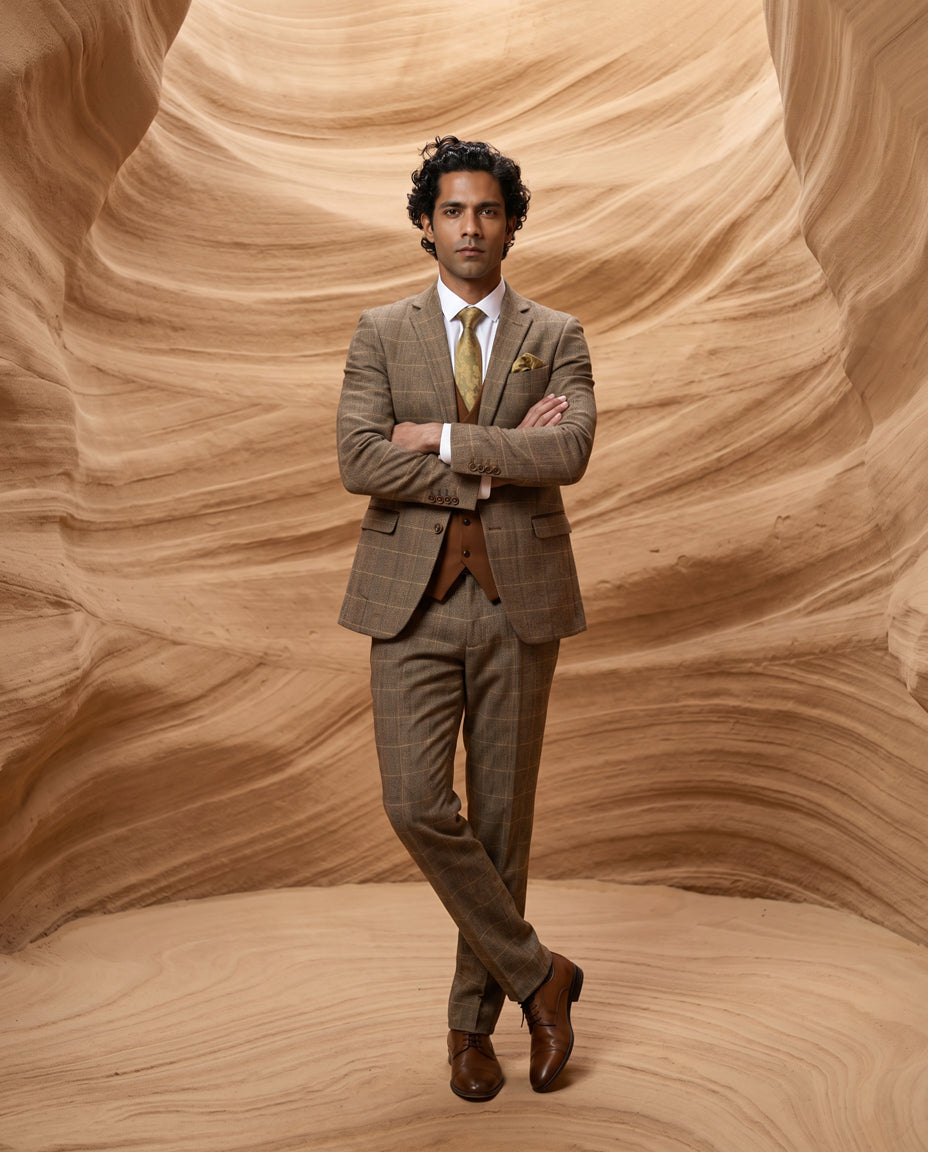 TED - Tan Tweed Check Suit with Kelvin Tan Waistcoat