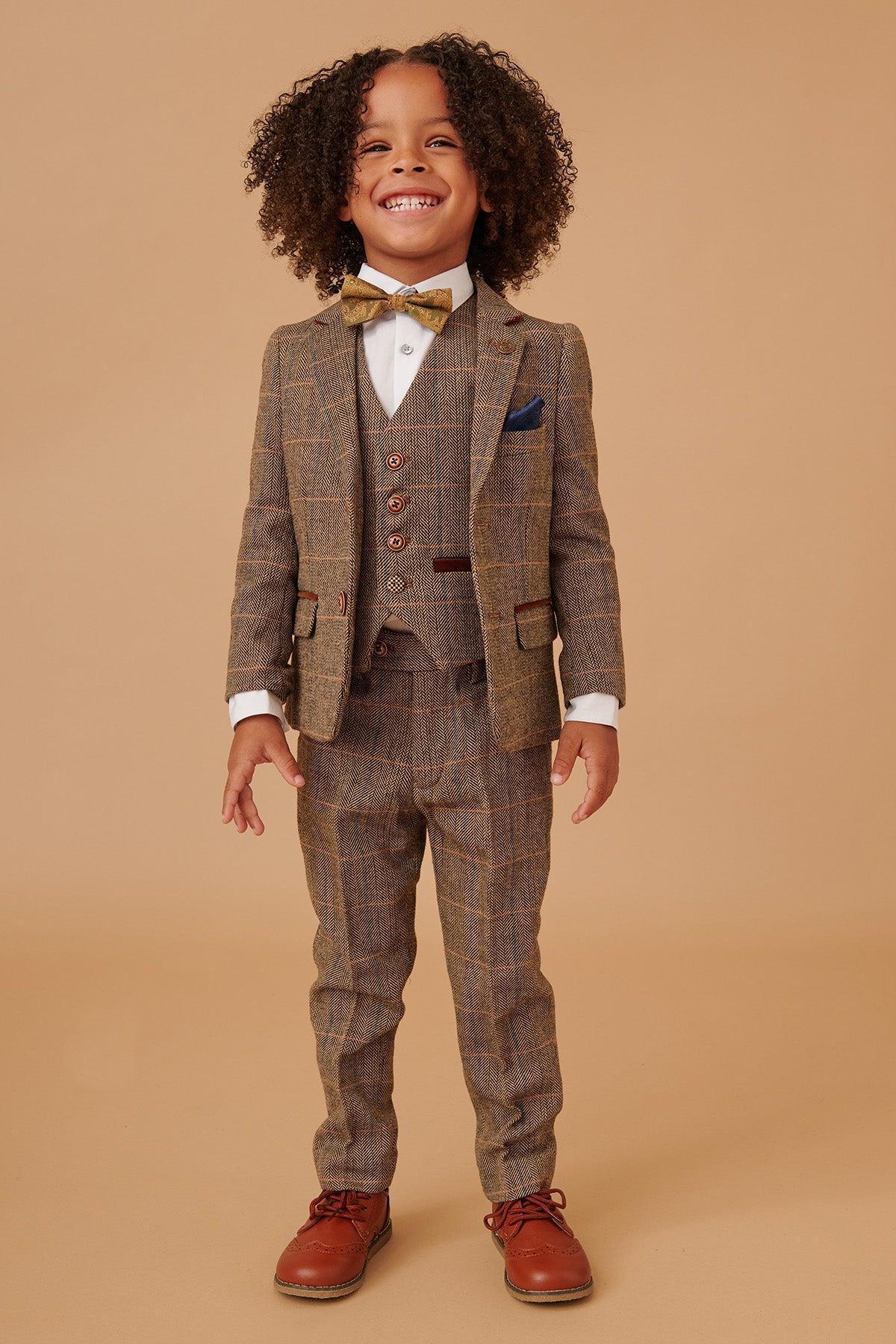 Ted - Childrens Tan Tweed Check Three Piece Suit