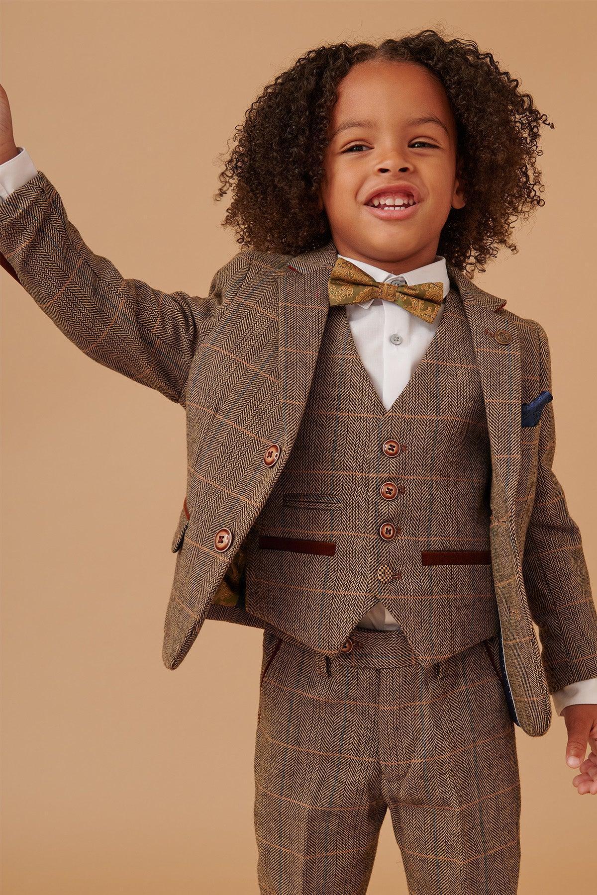 Ted - Childrens Tan Tweed Check Three Piece Suit