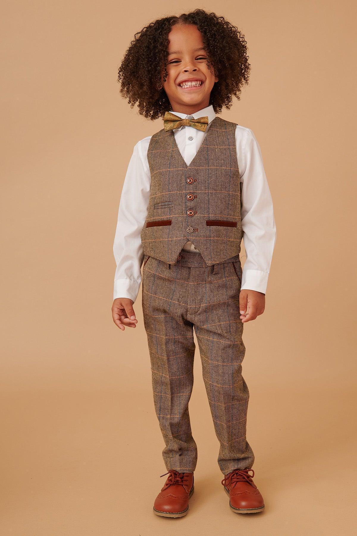 Ted - Childrens Tan Tweed Check Three Piece Suit