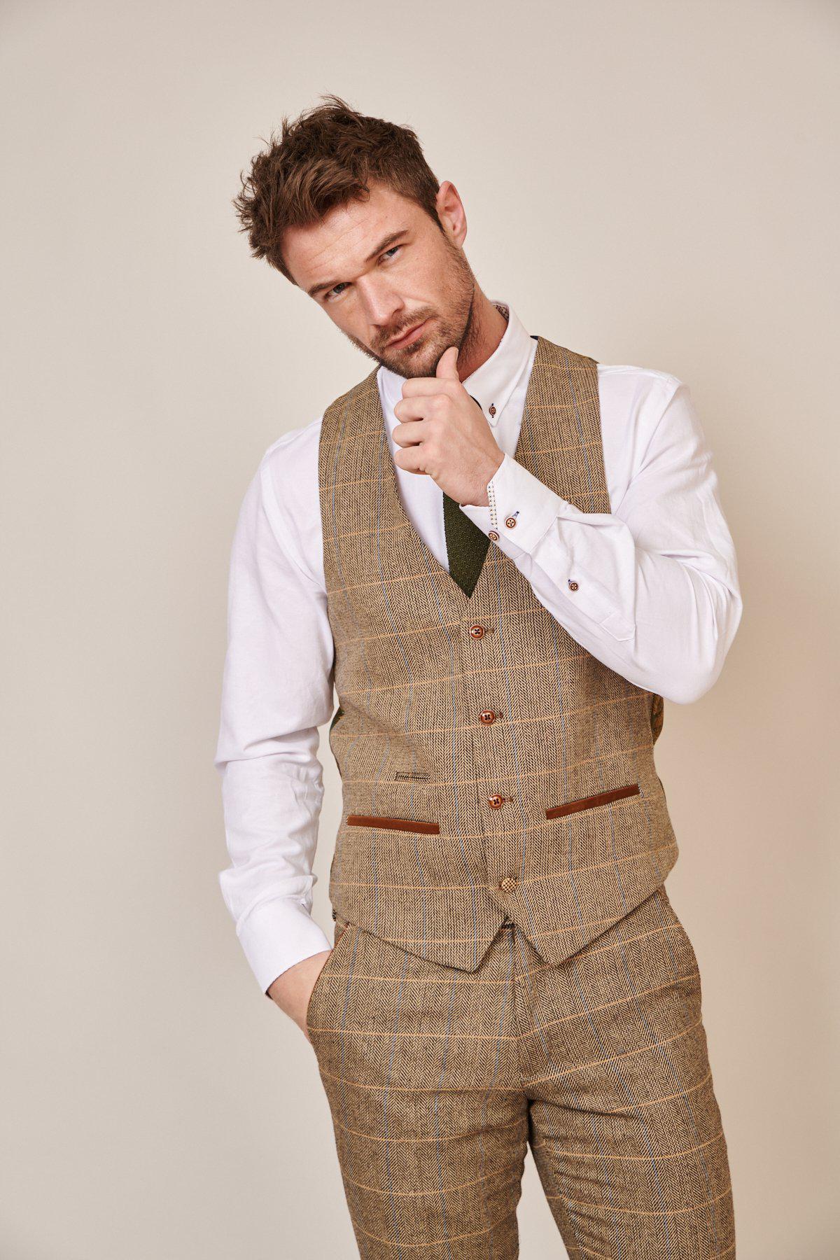 Ted - Tan Tweed Check Waistcoat