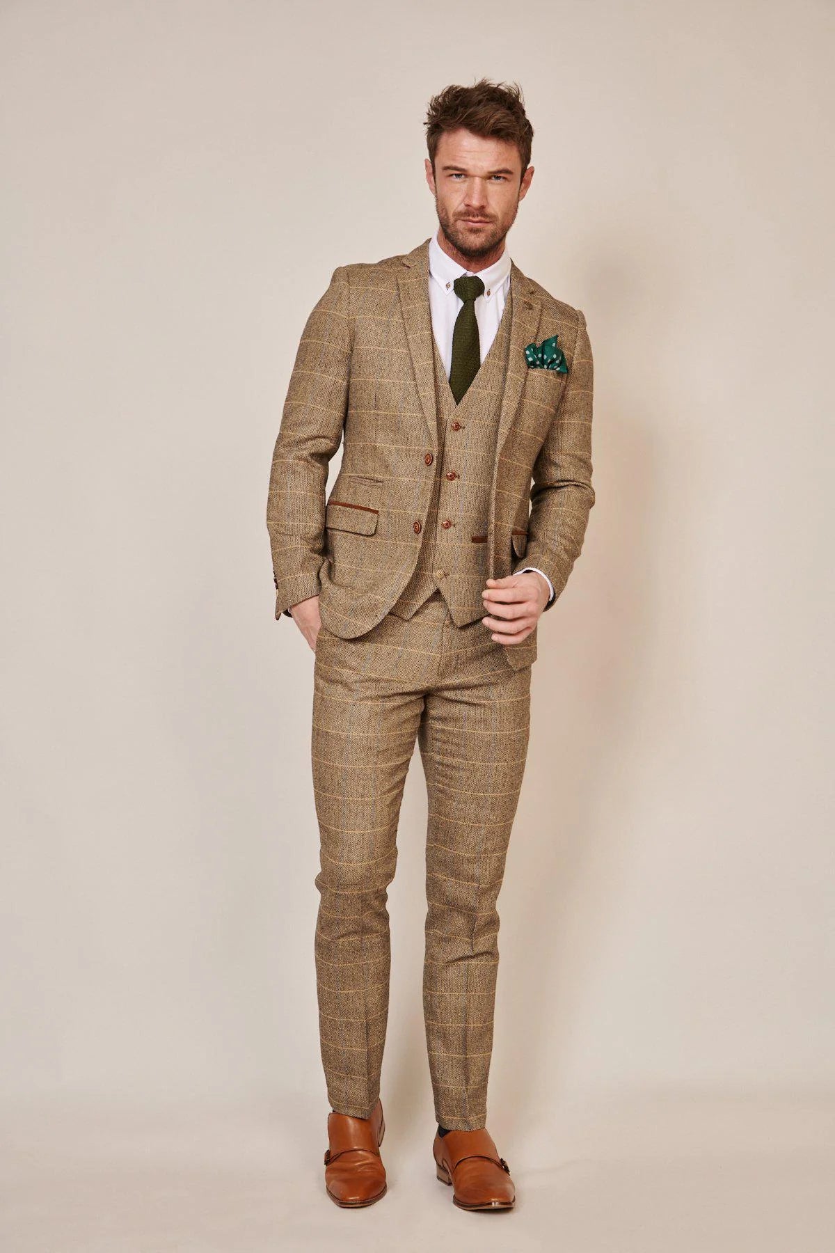 Ted - Tan Tweed Check Three Piece Suit