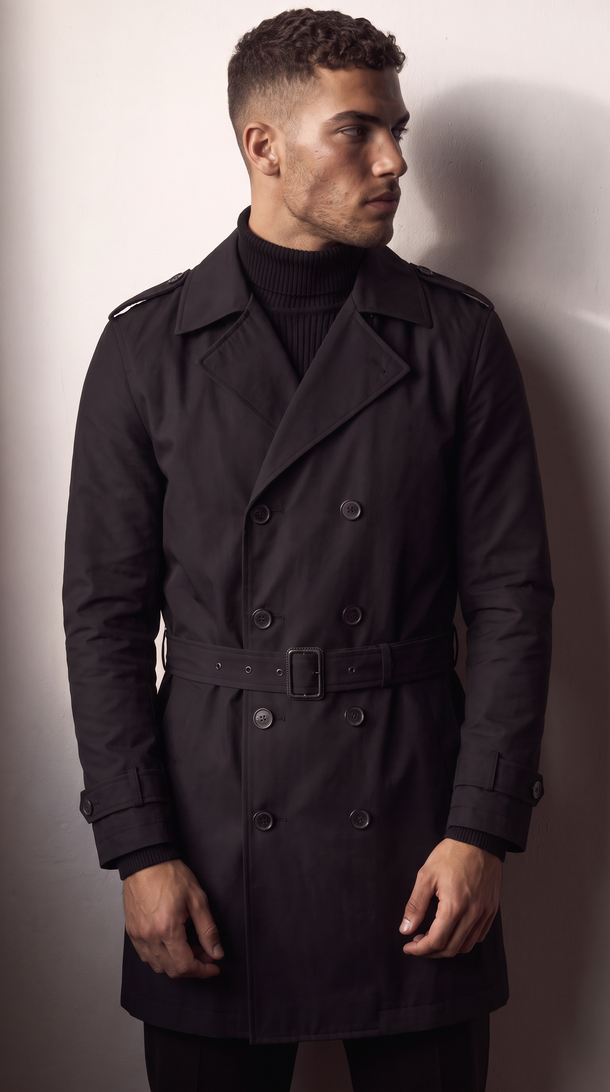 Men's black double-breasted trench coat with belt, front view