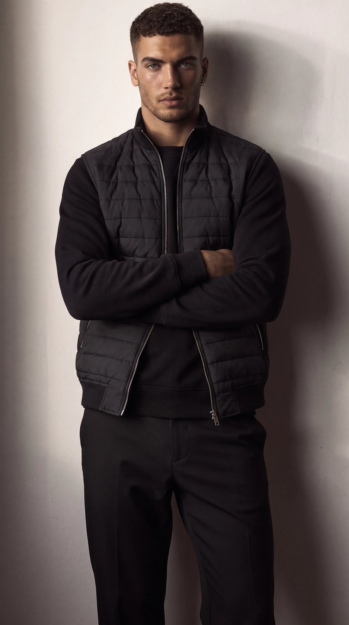Men's black hybrid quilted zip-up jacket, additional view 05