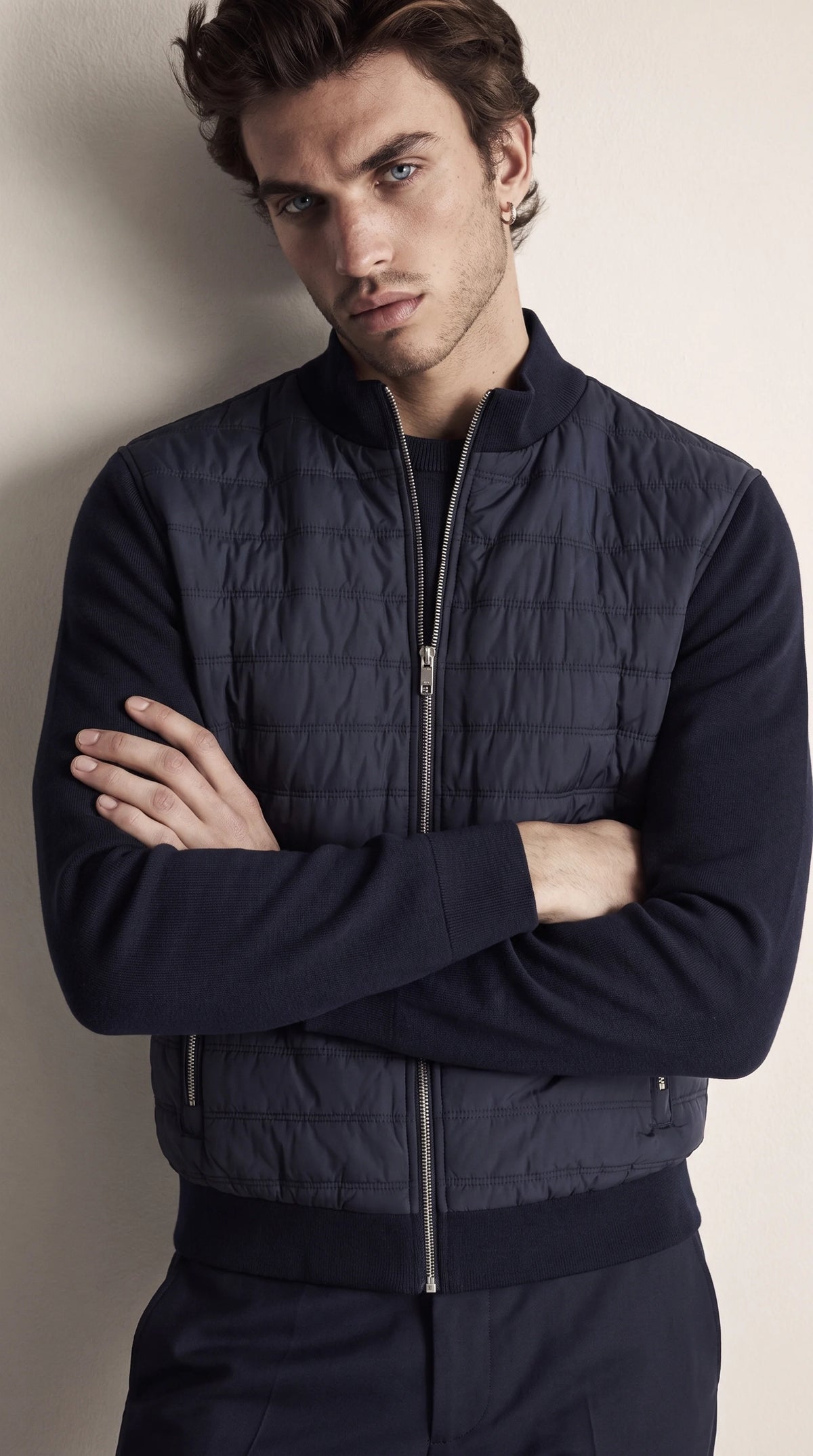 Men's navy hybrid quilted zip-up jacket, additional view 05
