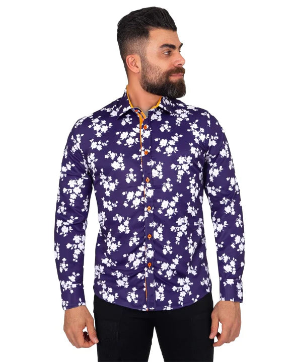 Dark Blue Floral Print Men's Shirt