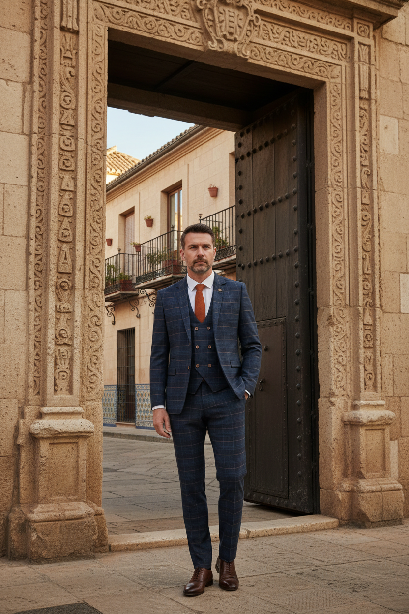 Jenson - Marine Navy Check Suit With Double Breasted Waistcoat