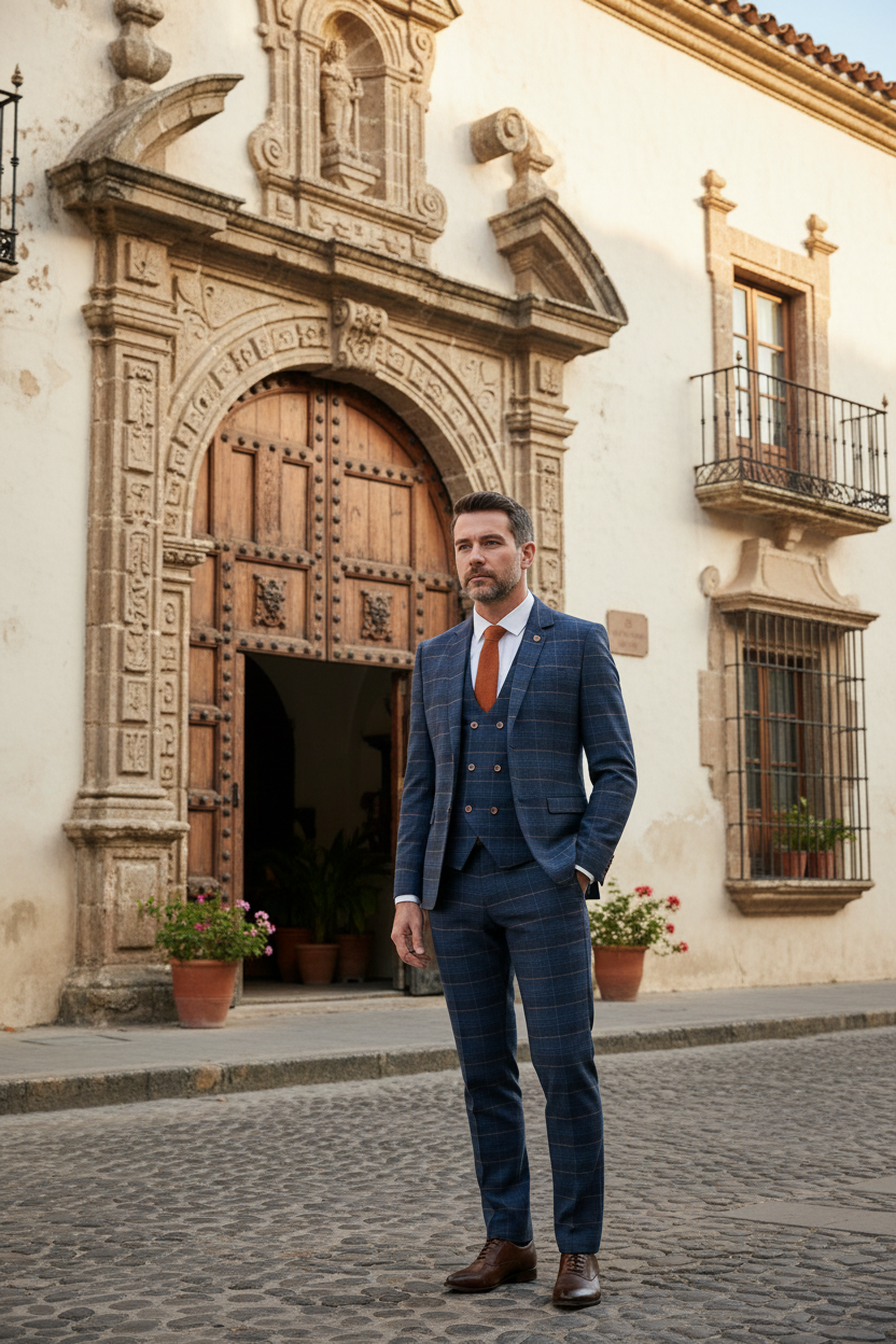 Jenson - Marine Navy Check Suit With Double Breasted Waistcoat