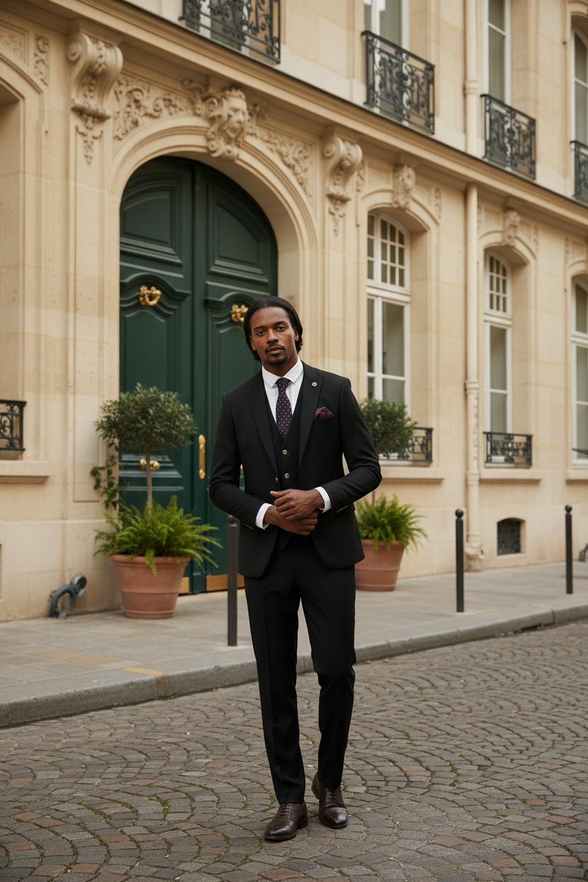 Max - Black Three Piece Suit With Contrast Buttons