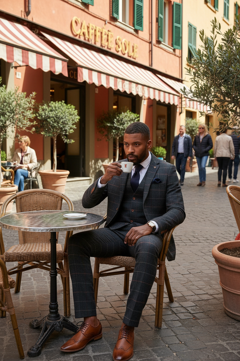 Eton - Navy Blue Tweed Check Three Piece Suit
