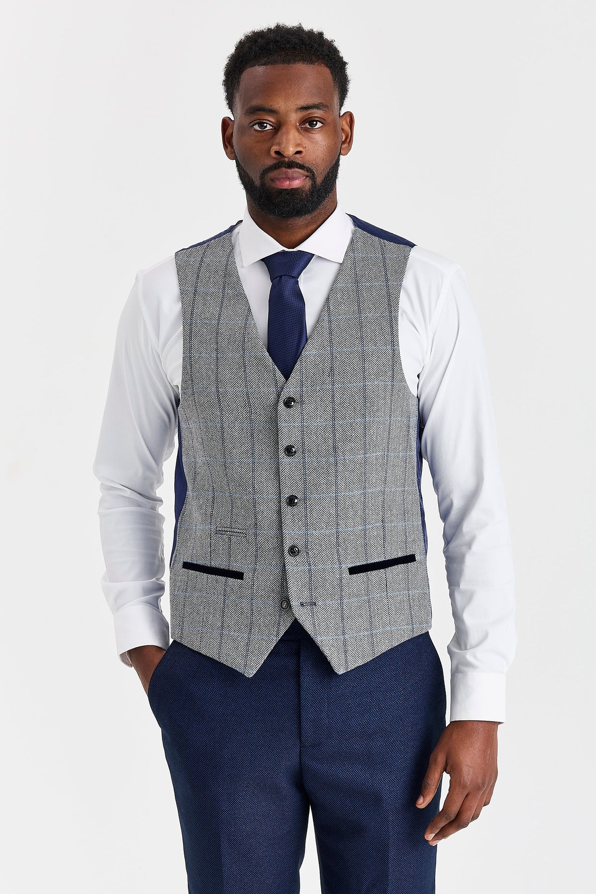 Arthur Navy Suit with Harris Grey Tweed Waistcoat – image 5