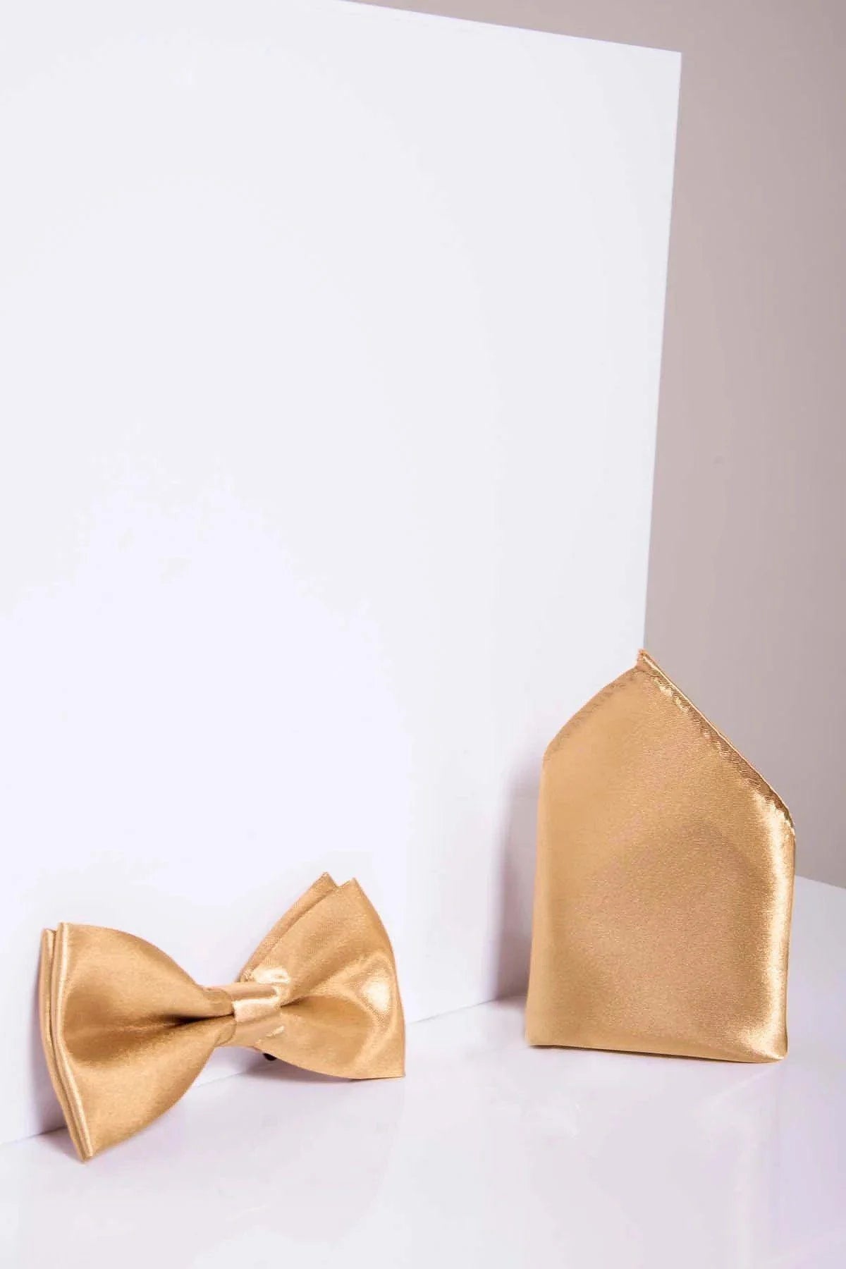 Stanley - Satin Bow Tie and Pocket Square Set In Gold