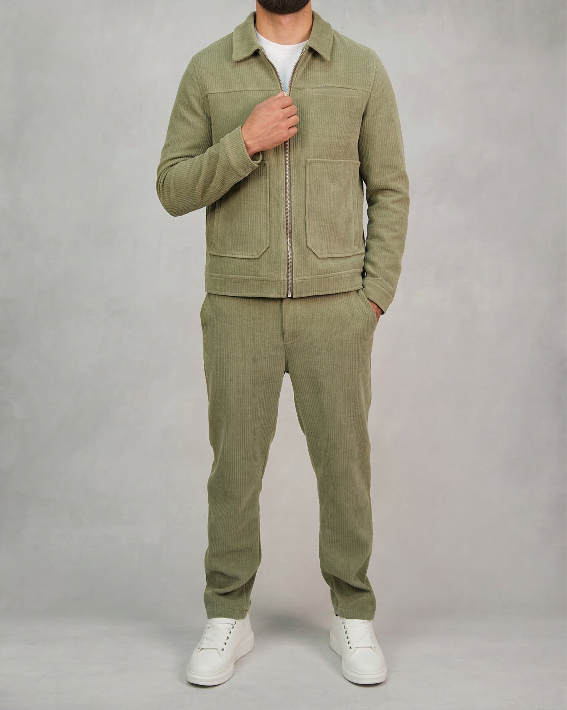 Green Corduroy Zip Jacket & Trousers Set