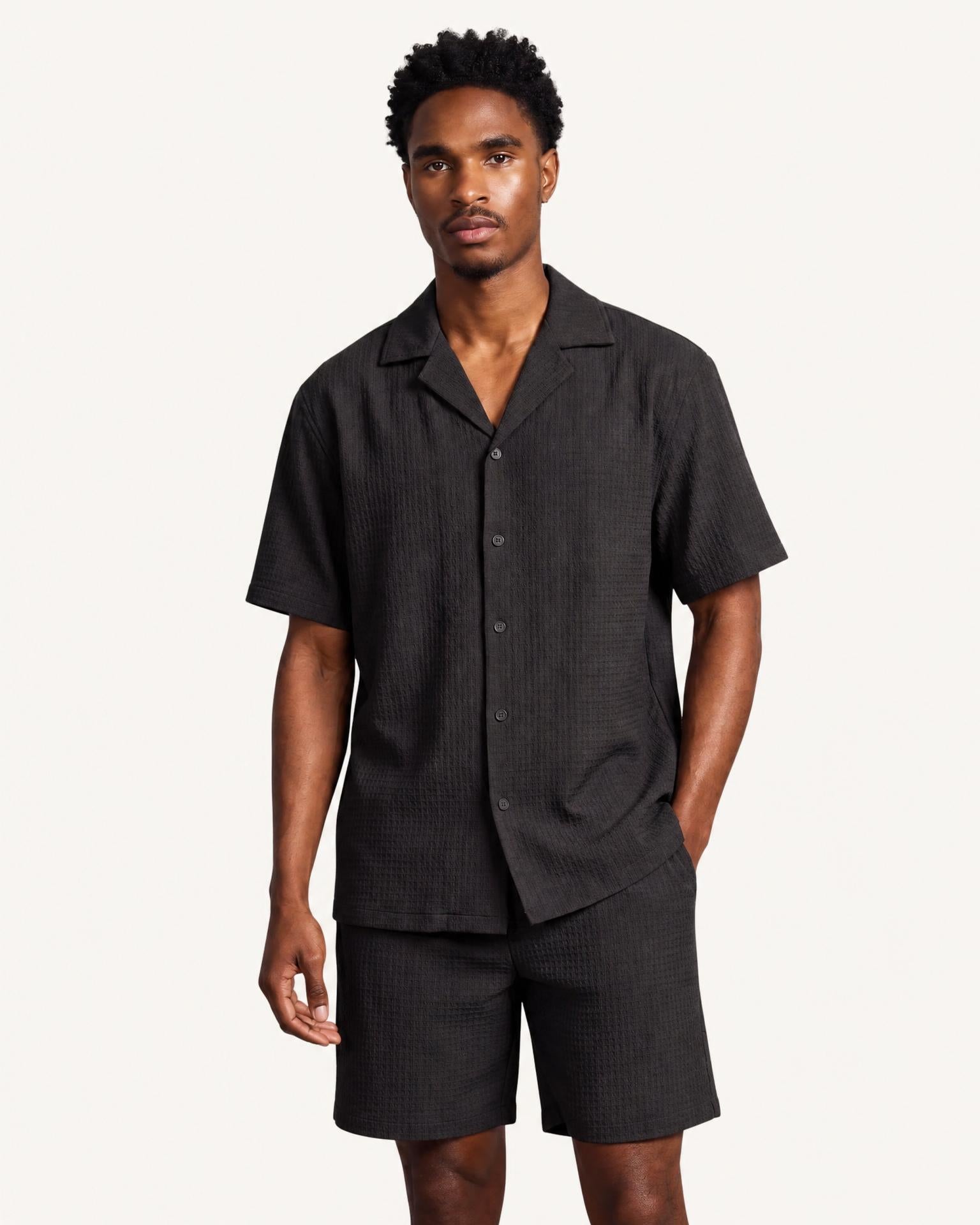 Black Waffle Camp-Collar Shirt & Short Set
